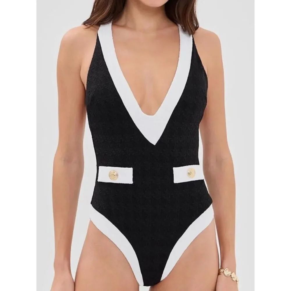 L'AGENCE lisa colorblock plunge one-piece swimsuit in black